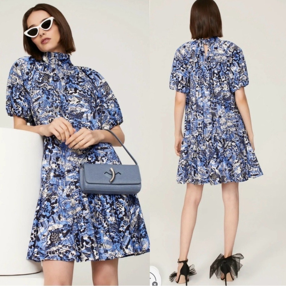 Kate Spade Scenic Stroll Floral Mini Dress XL Blue Tie Back‎ Puff Sleeve Smocked